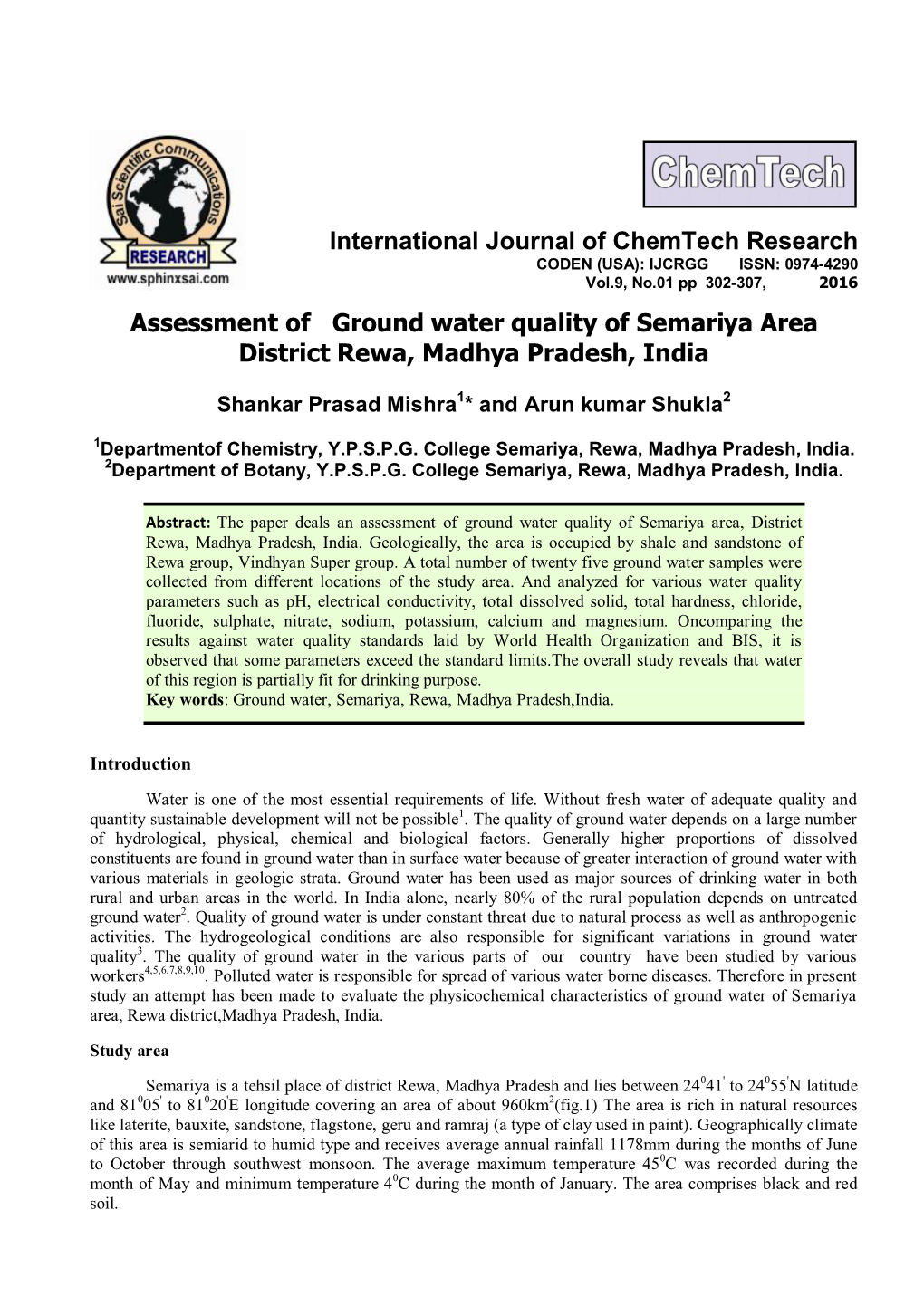 Assessment of Ground Water Quality of Semariya Area District Rewa, Madhya Pradesh, India