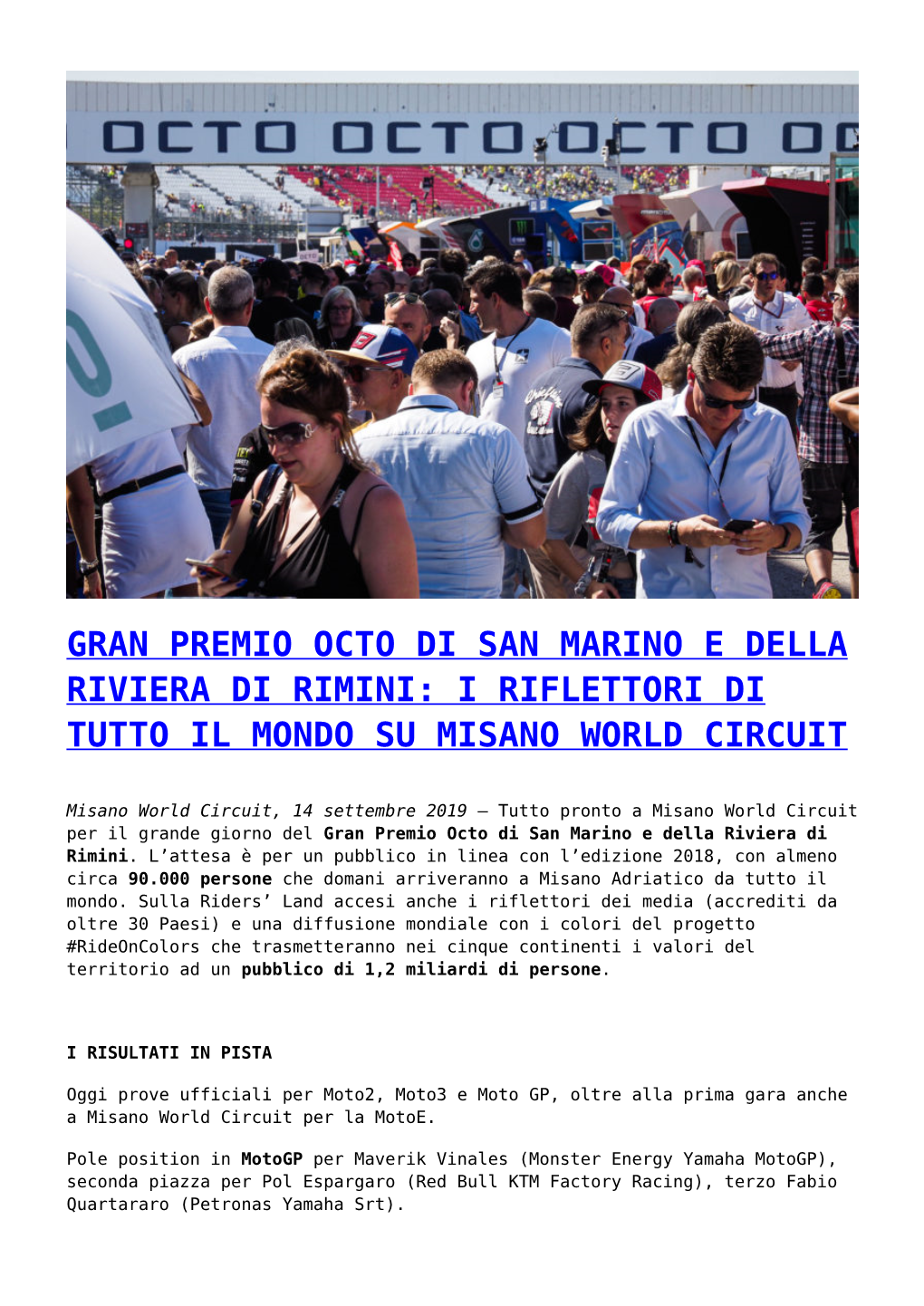 Gran Premio Octo Di San Marino E Della Riviera Di Rimini: I Riflettori Di Tutto Il Mondo Su Misano World Circuit