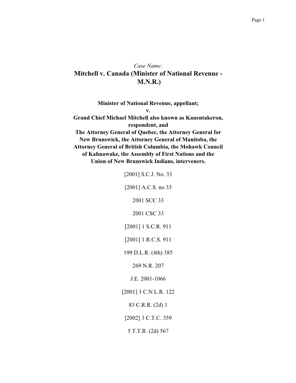Mitchell V. Canada (Minister of National Revenue - M.N.R.)