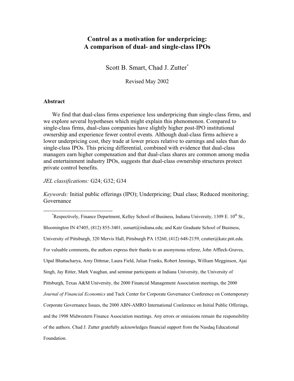 Control As a Motivation for Underpricing: a Comparison of Dual- and Single-Class Ipos