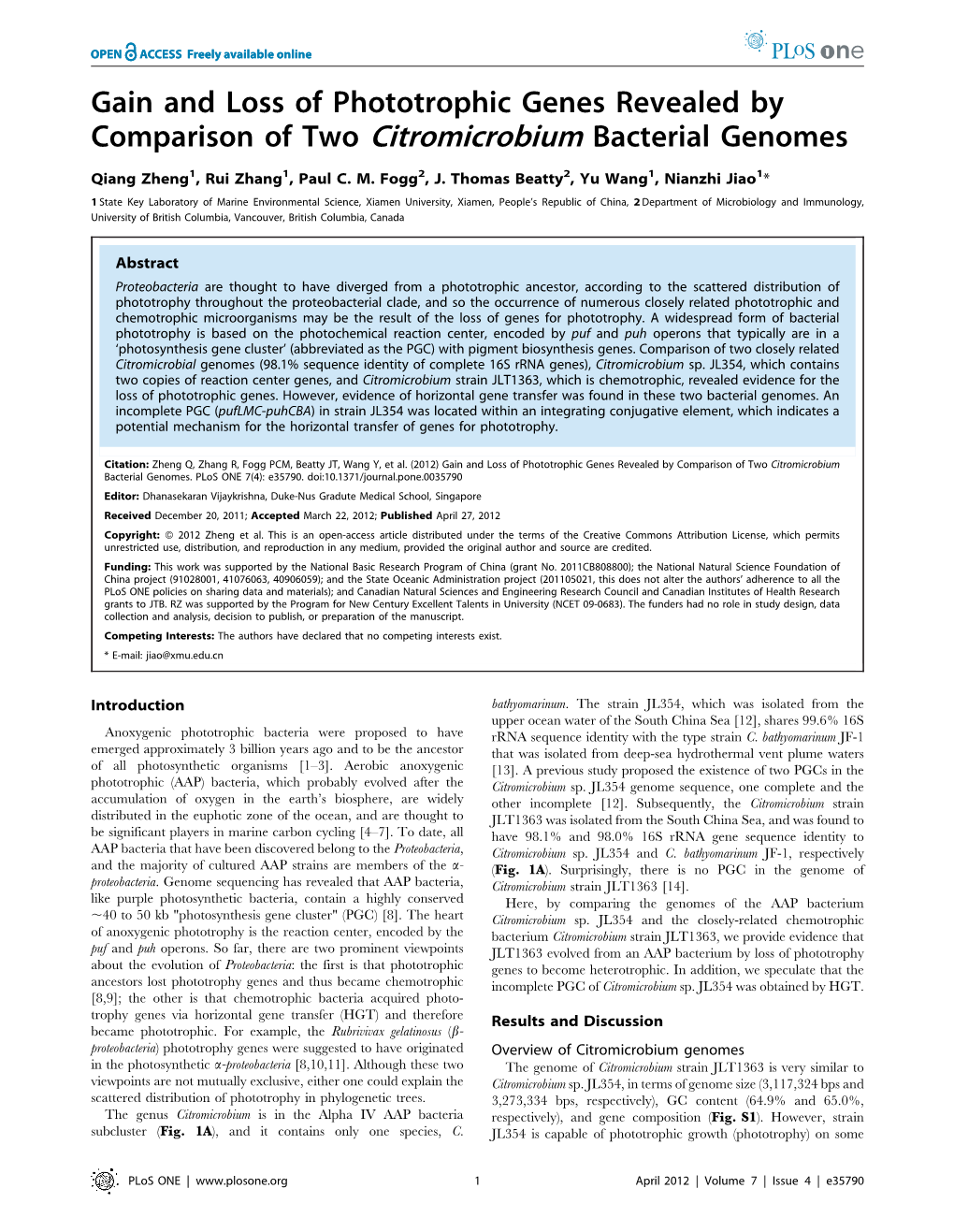 Gain and Loss of Phototrophic Genes Revealed by Comparison of Two Citromicrobium Bacterial Genomes