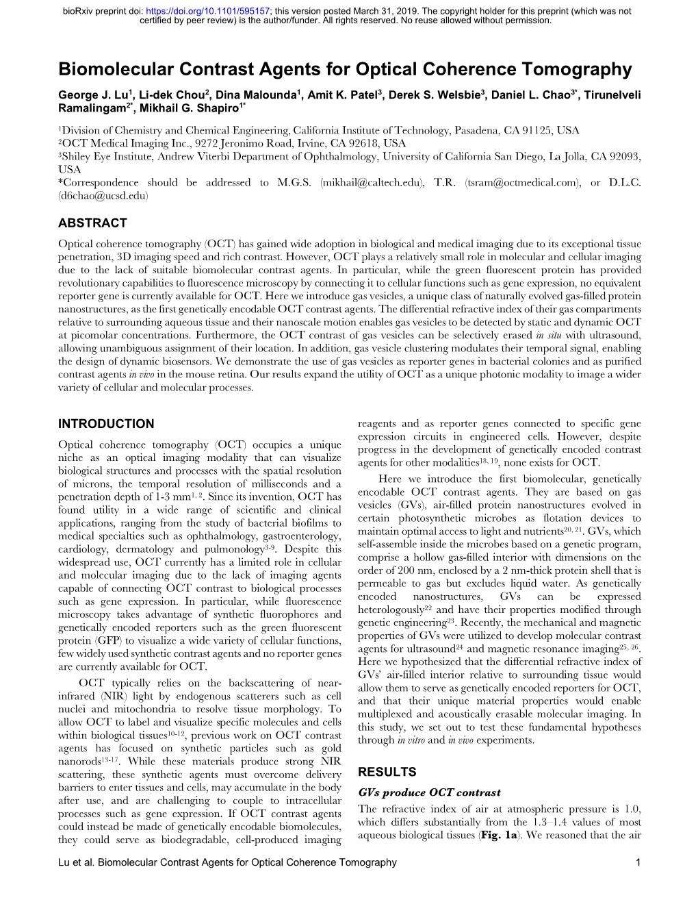 Biomolecular Contrast Agents for Optical Coherence Tomography George J