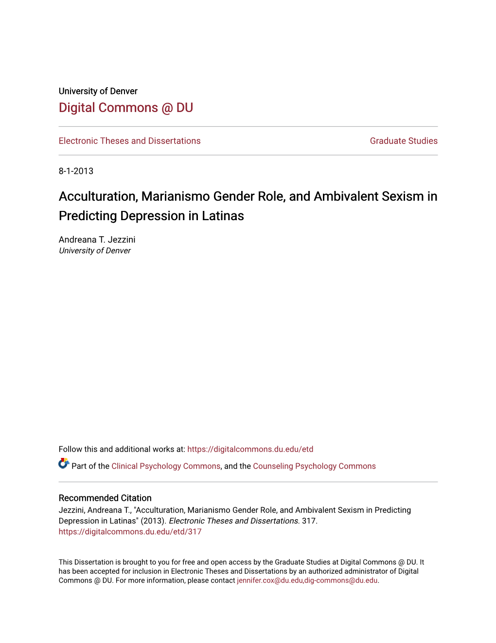 Acculturation, Marianismo Gender Role, and Ambivalent Sexism in Predicting Depression in Latinas