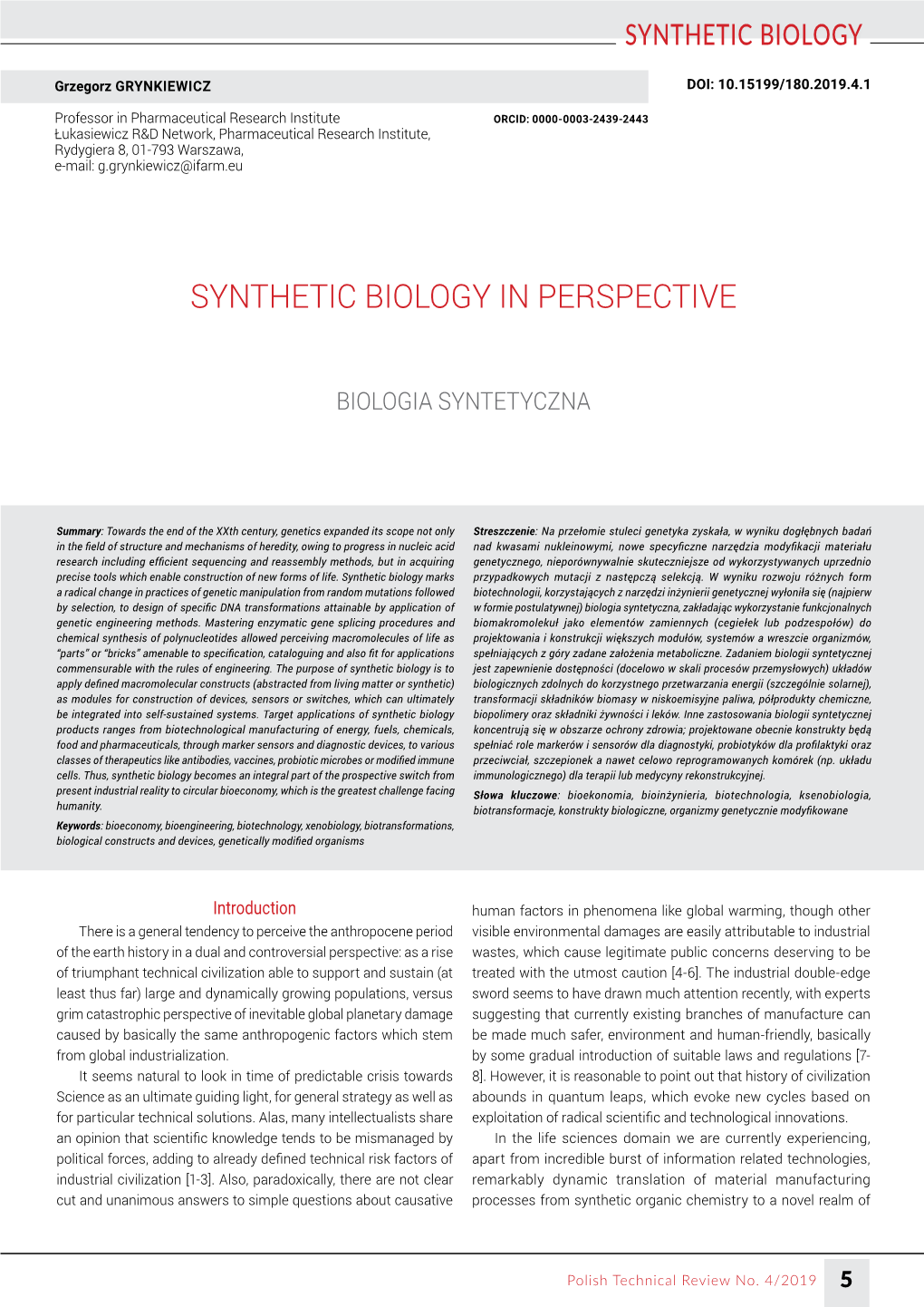 Synthetic Biology in Perspective