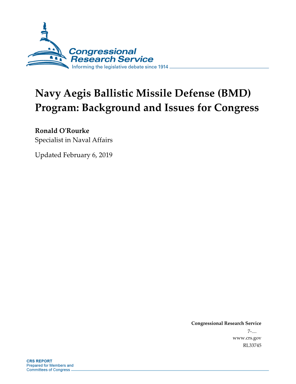 Navy Aegis Ballistic Missile Defense (BMD) Program: Background and Issues for Congress