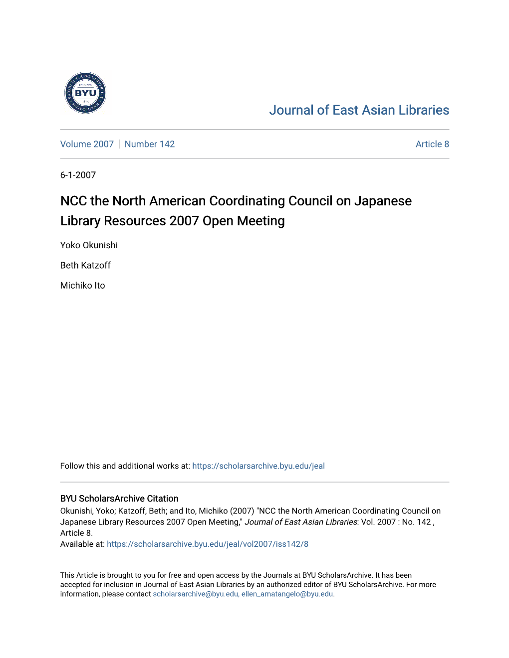 NCC the North American Coordinating Council on Japanese Library Resources 2007 Open Meeting