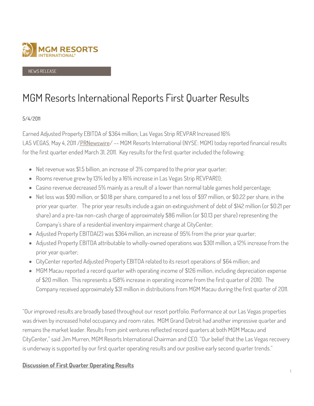 MGM Resorts International Reports First Quarter Results