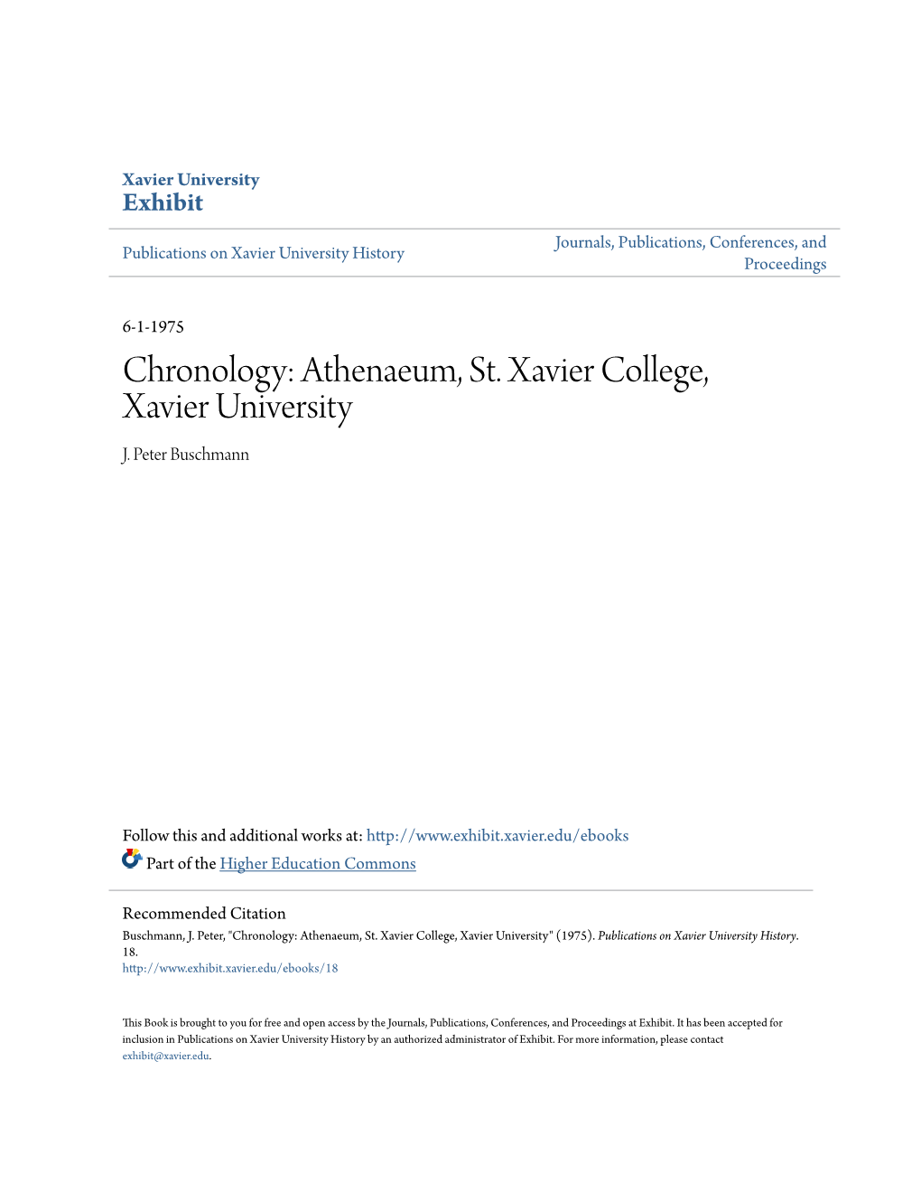 Chronology: Athenaeum, St. Xavier College, Xavier University J