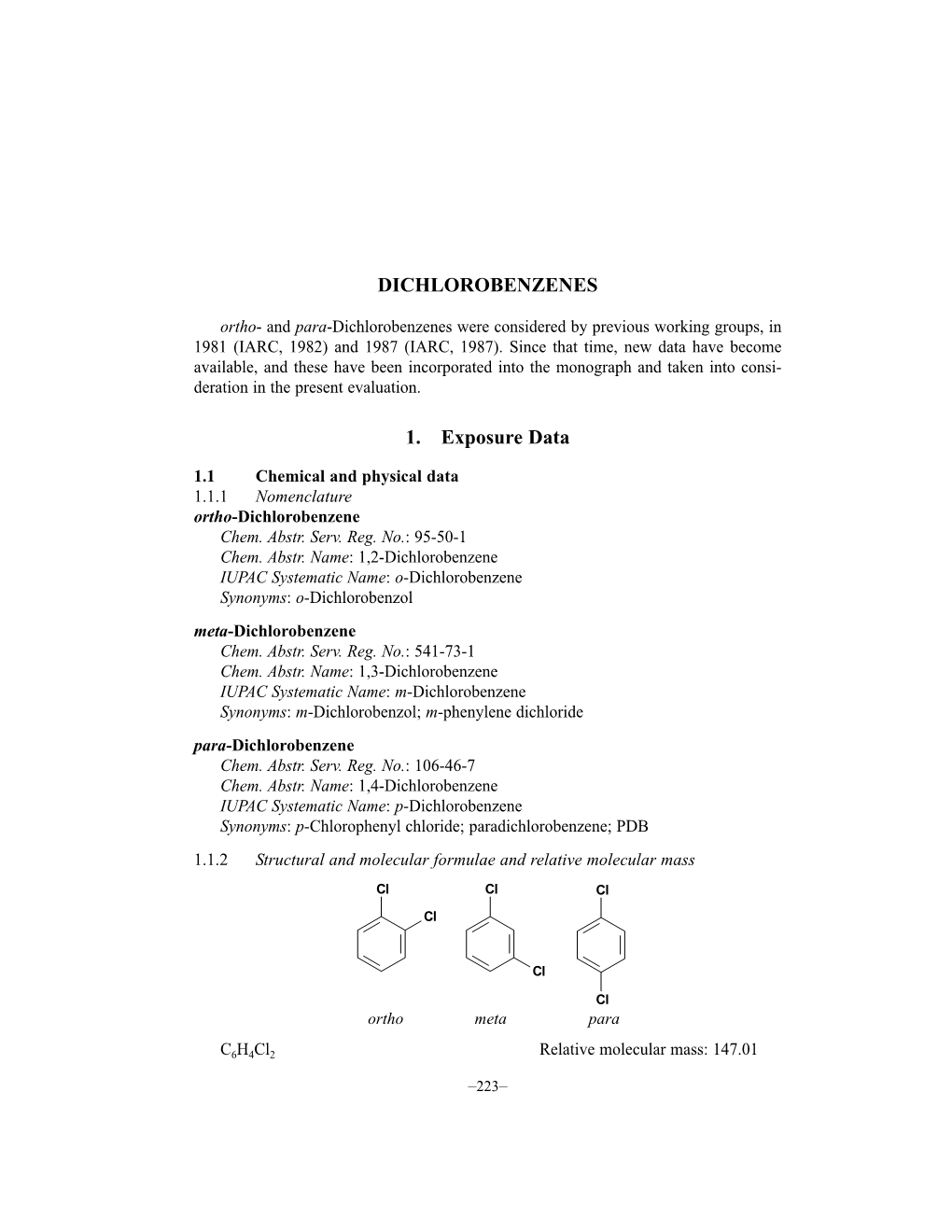 DICHLOROBENZENES 1. Exposure Data