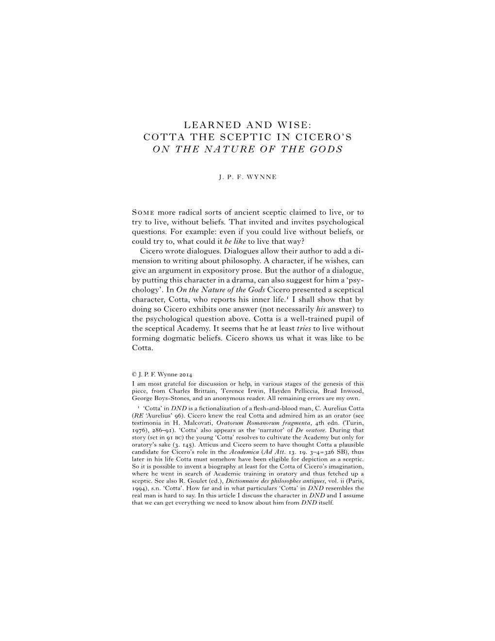 Learned and Wise: Cotta the Sceptic in Cicero's on the Nature of the Gods