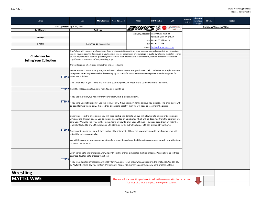 Wrestling MATTEL WWE Please Mark the Quantity You Have to Sell in the Column with the Red Arrow