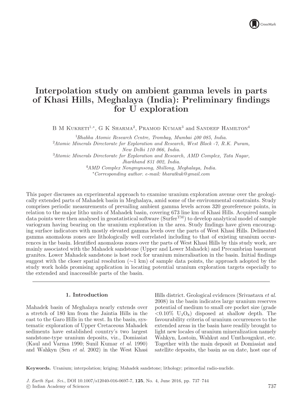 Interpolation Study on Ambient Gamma Levels in Parts of Khasi Hills, Meghalaya (India): Preliminary ﬁndings for U Exploration