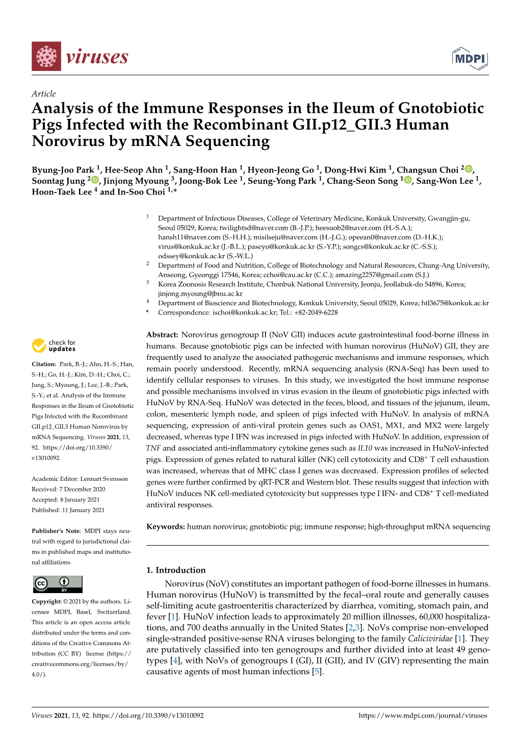 Analysis of the Immune Responses in the Ileum of Gnotobiotic Pigs Infected with the Recombinant GII.P12 GII.3 Human Norovirus by Mrna Sequencing