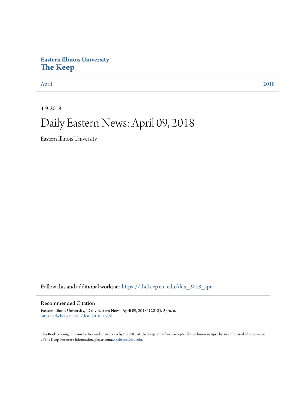 Daily Eastern News: April 09, 2018 Eastern Illinois University