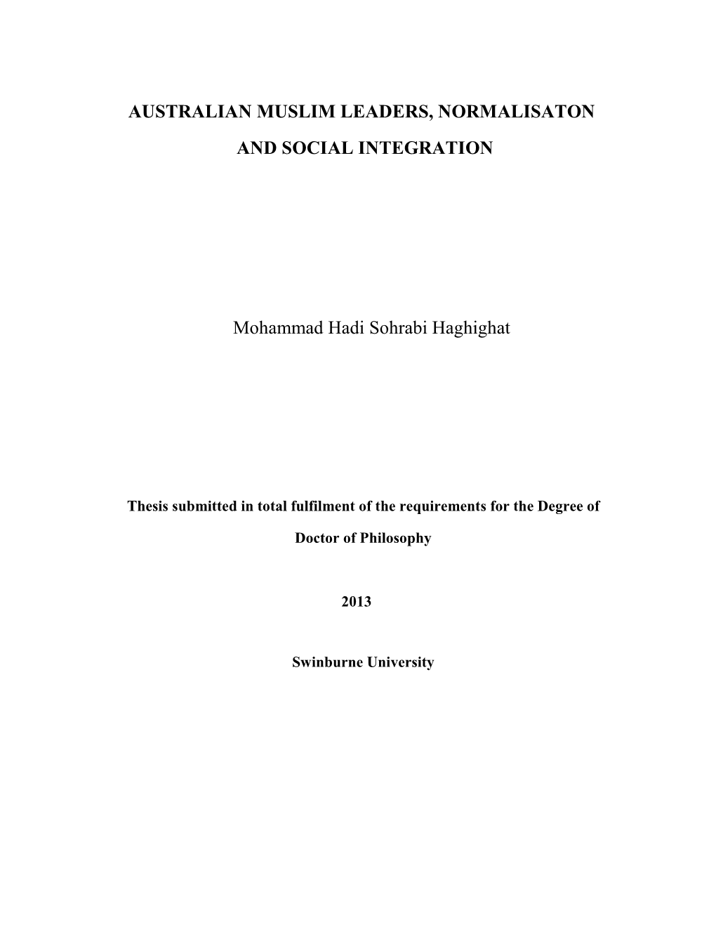 Australian Muslim Leaders, Normalisaton and Social Integration