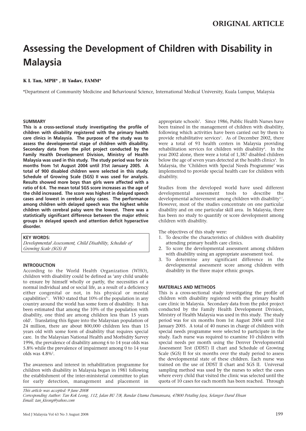 Assessing the Development of Children with Disability in Malaysia