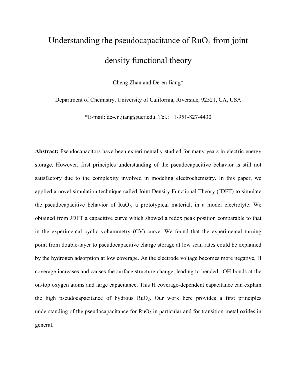 Understanding the Pseudocapacitance of Ruo2 from Joint Density Functional Theory