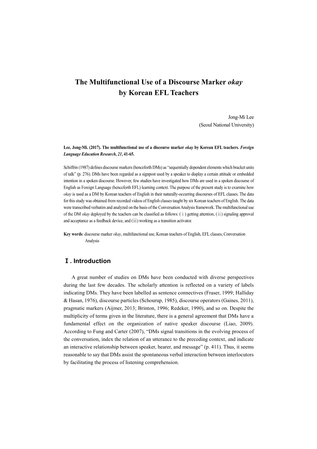 The Multifunctional Use of a Discourse Marker Okay by Korean EFL Teachers