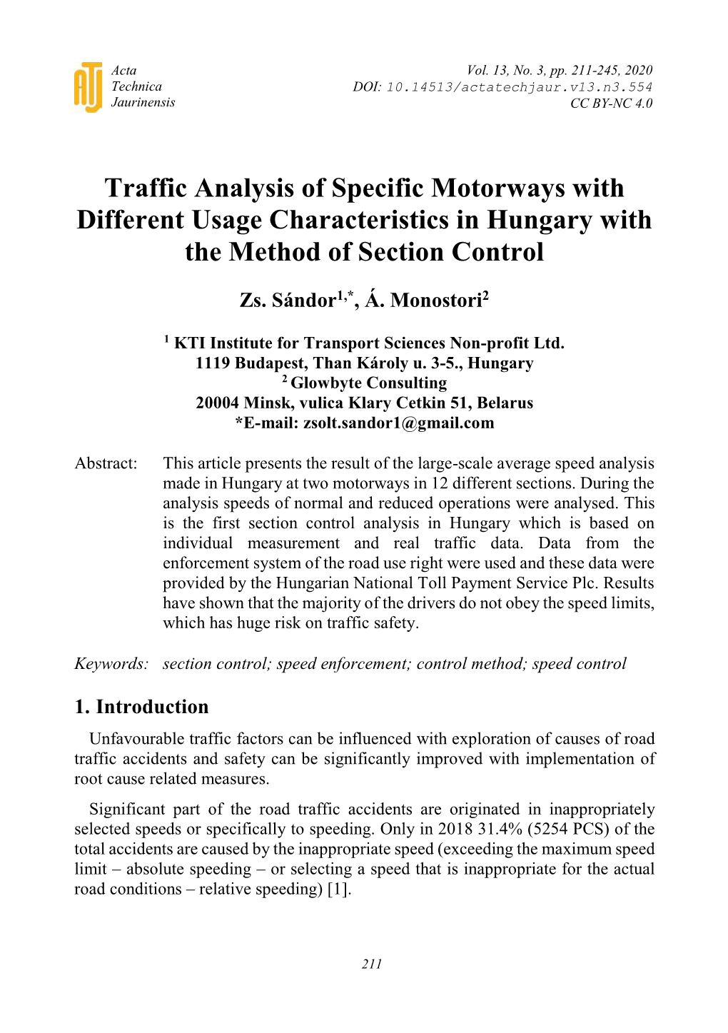 Traffic Analysis of Specific Motorways with Different Usage Characteristics in Hungary with the Method of Section Control