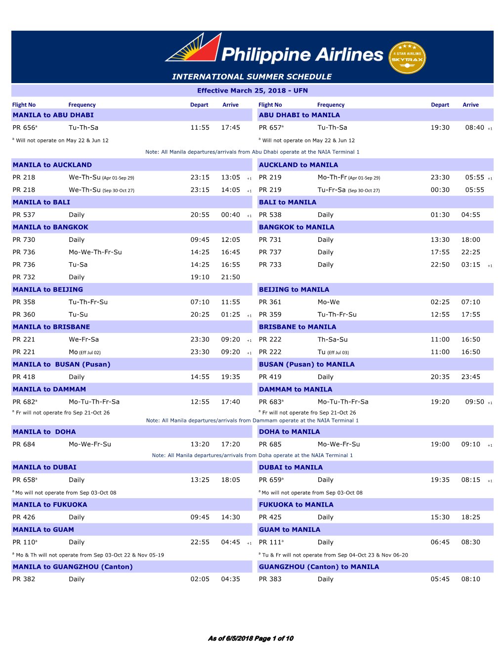 International Summer Schedule