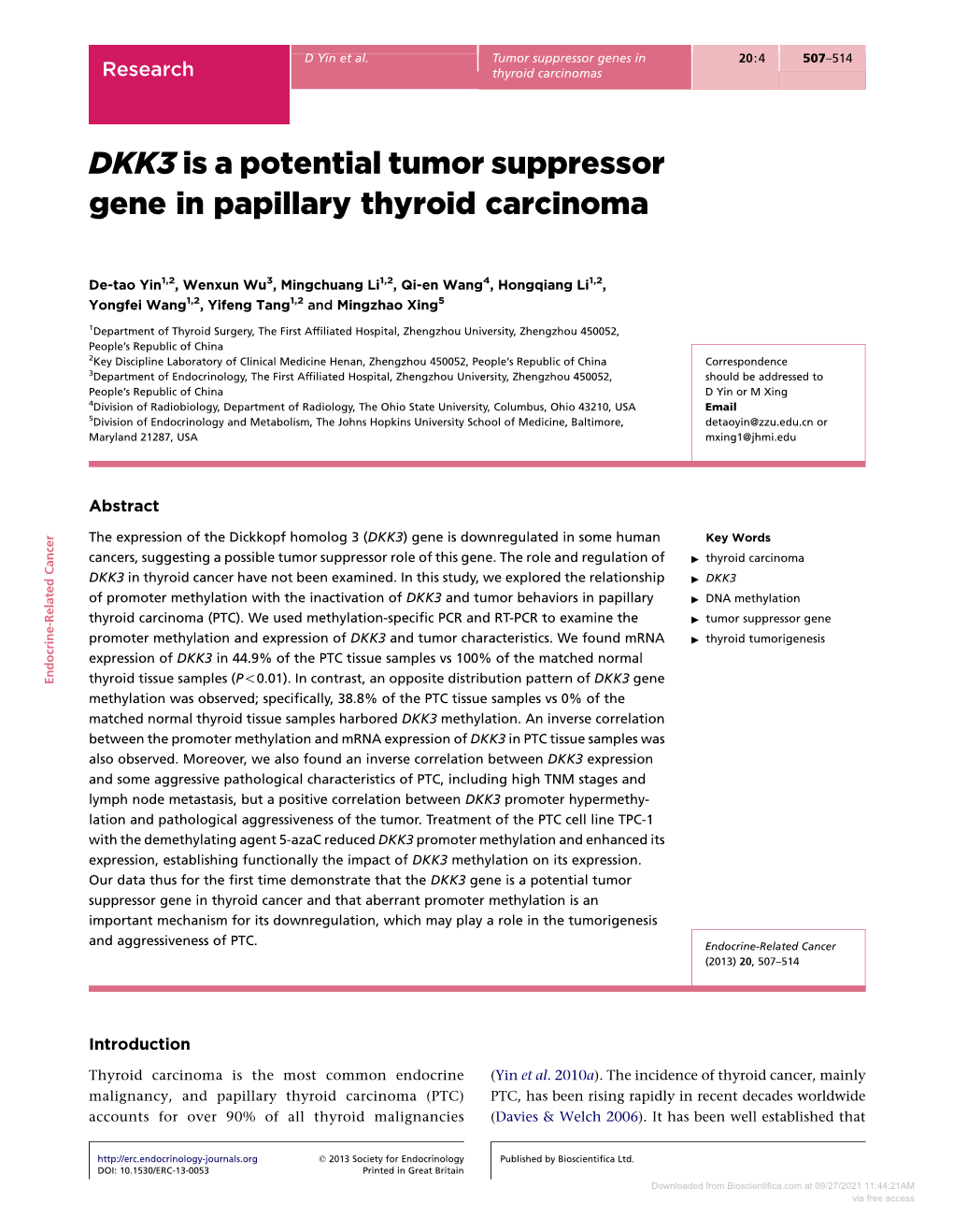DKK3 Is a Potential Tumor Suppressor Gene in Papillary Thyroid Carcinoma