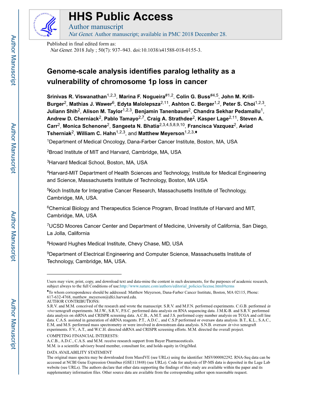 Genome-Scale Analysis Identifies Paralog Lethality As a Vulnerability of Chromosome 1P Loss in Cancer