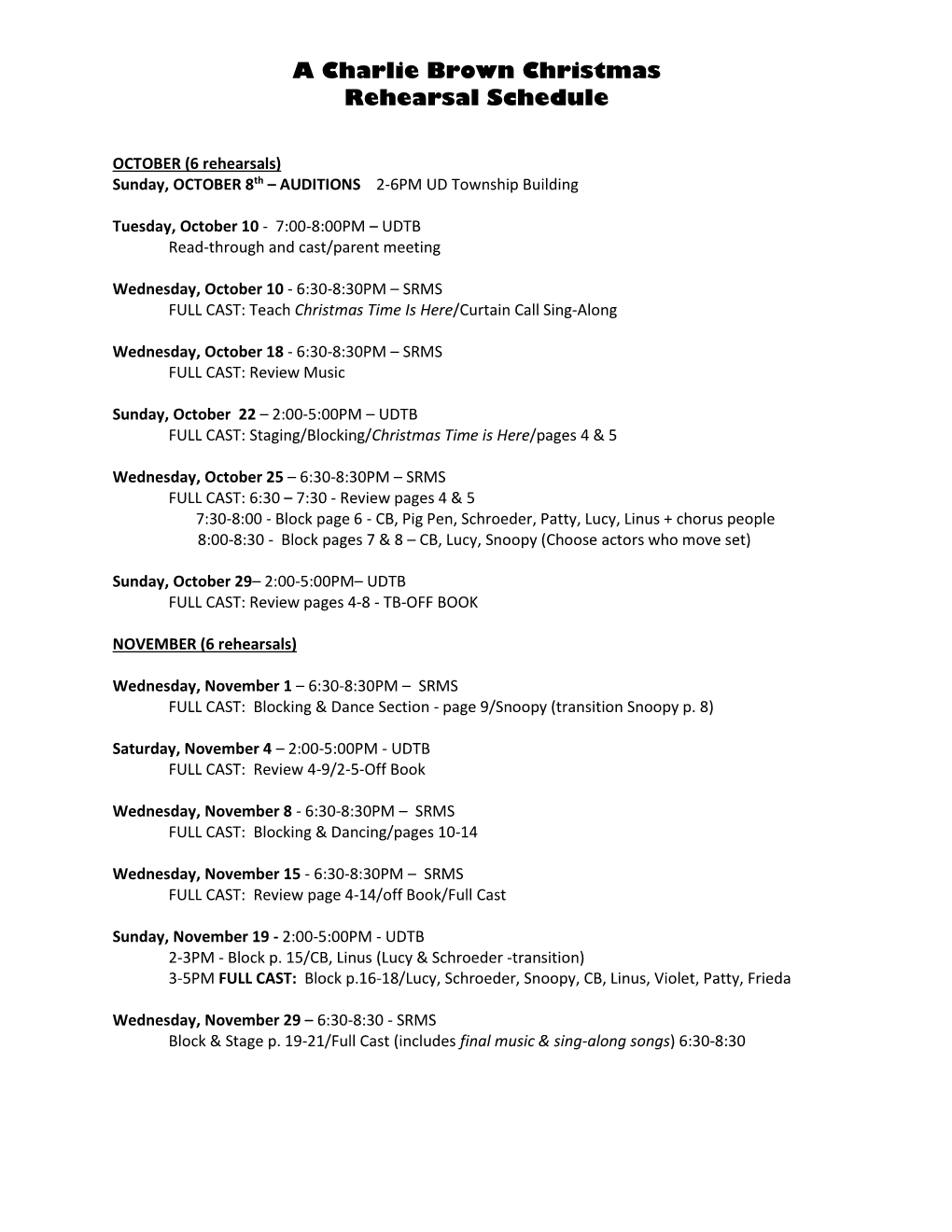 A Charlie Brown Christmas Rehearsal Schedule