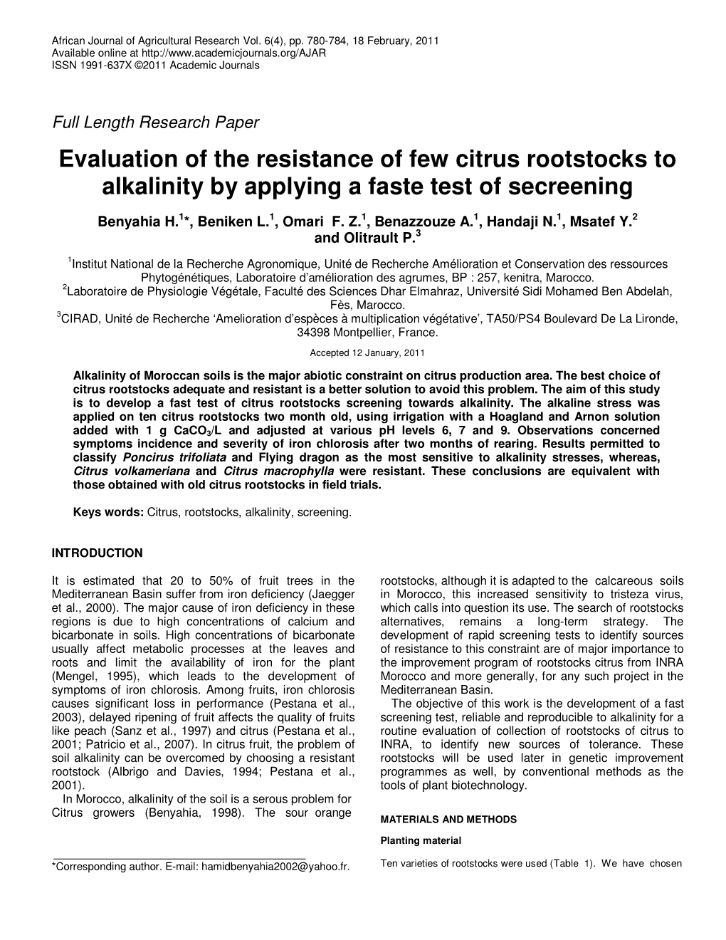 Evaluation of the Resistance of Few Citrus Rootstocks to Alkalinity by Applying a Faste Test of Secreening