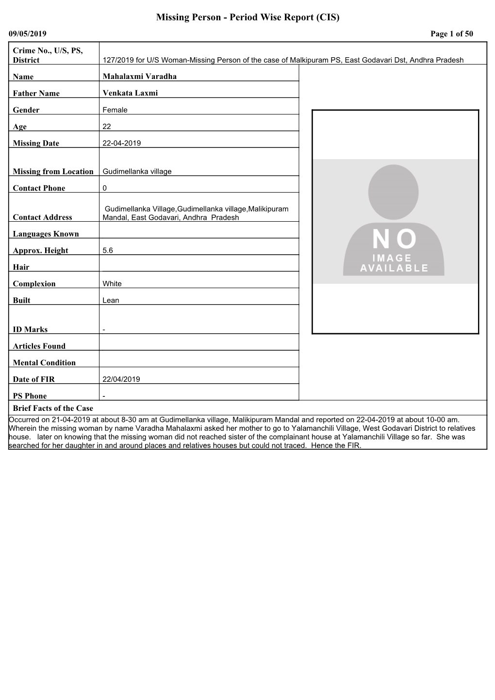 Missing Person - Period Wise Report (CIS) 09/05/2019 Page 1 of 50