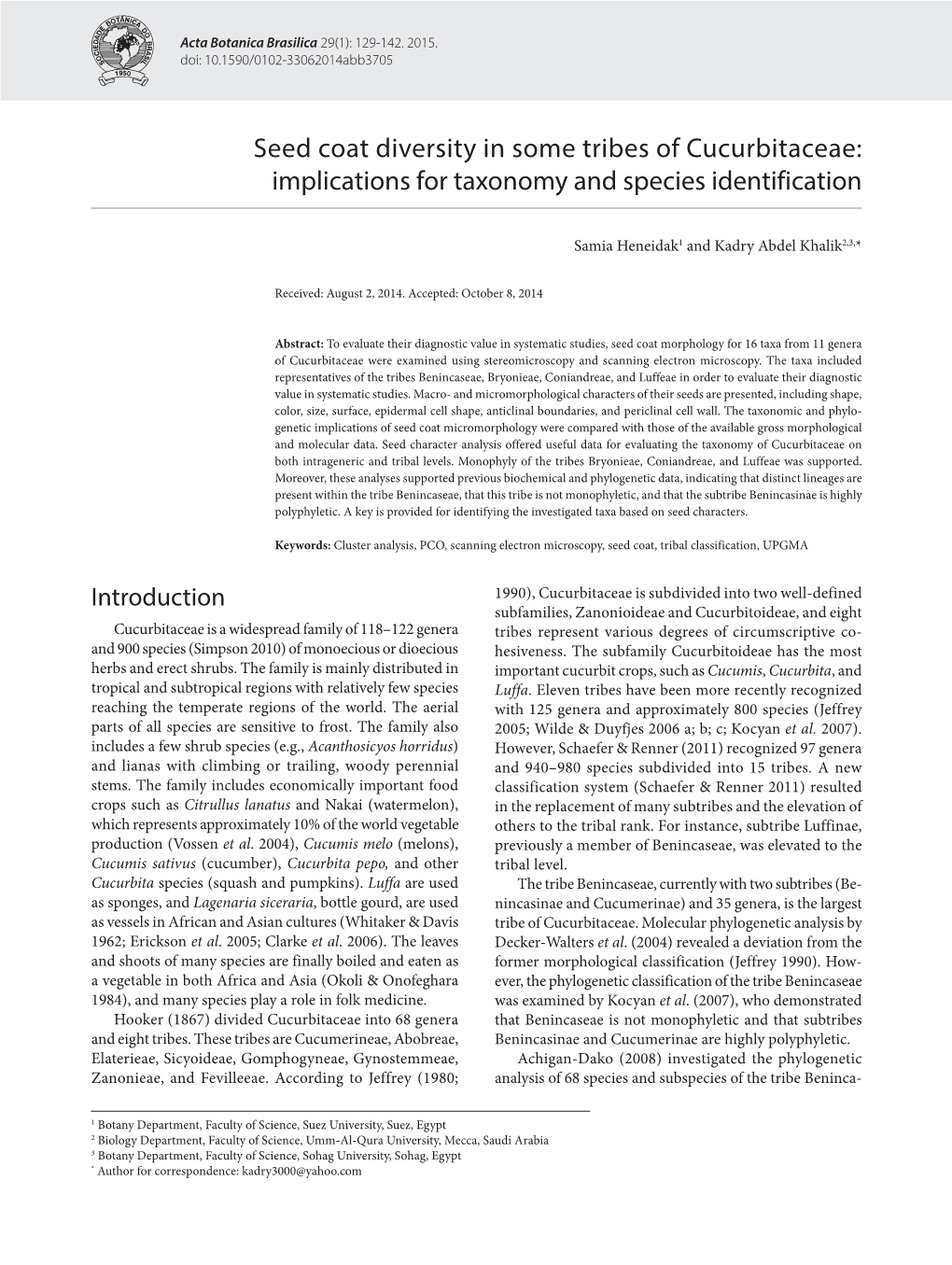 Seed Coat Diversity in Some Tribes of Cucurbitaceae: Implications for Taxonomy and Species Identification