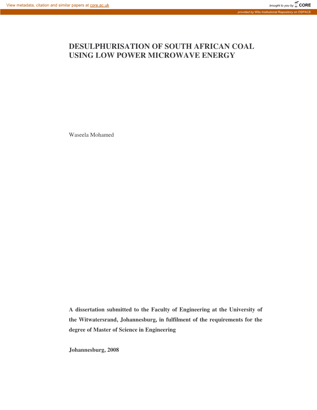 Desulphurisation of South African Coal Using Low Power Microwave Energy