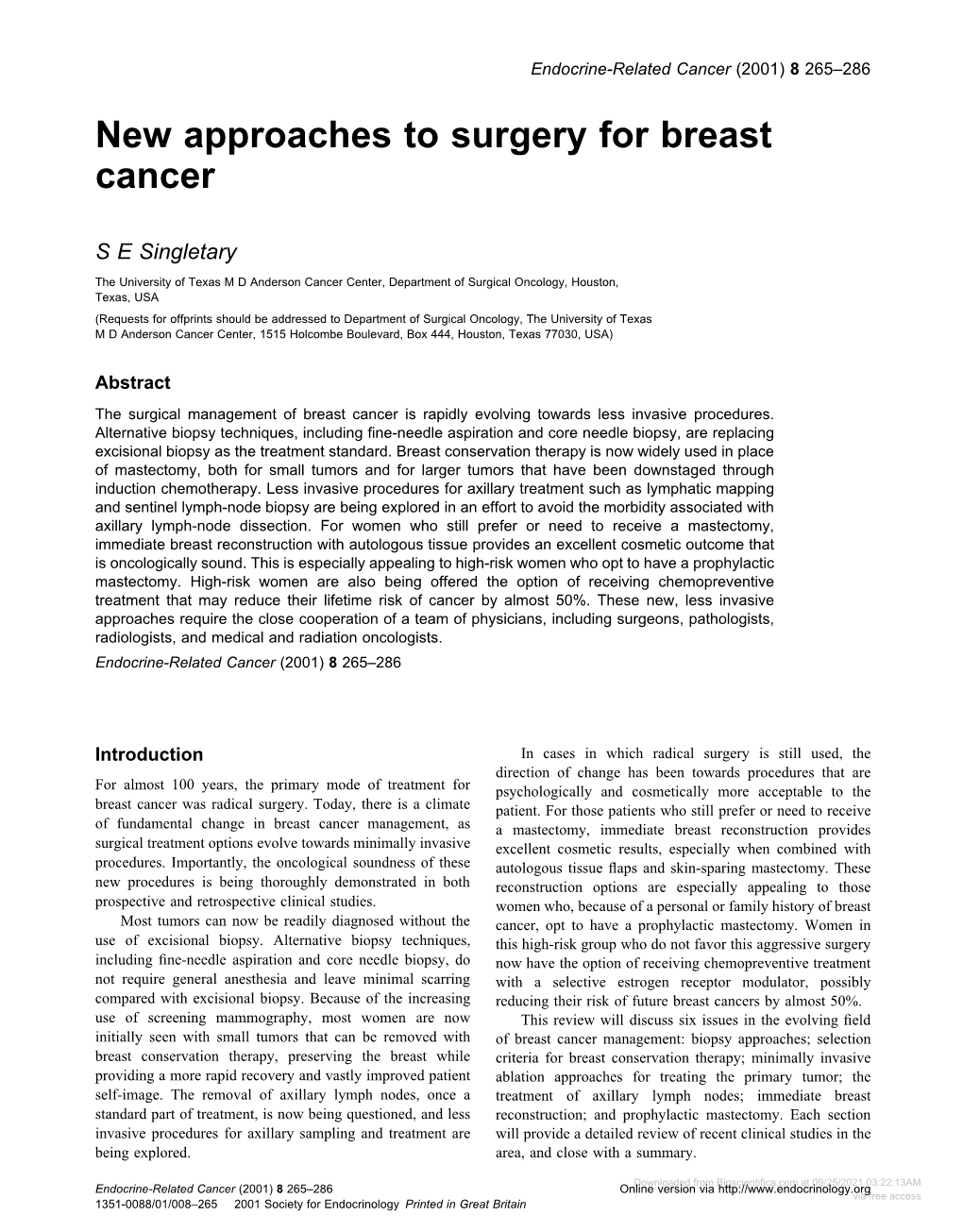 New Approaches to Surgery for Breast Cancer