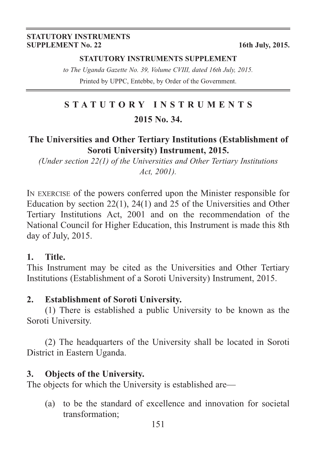 Establishment of Soroti University) Instrument, 2015