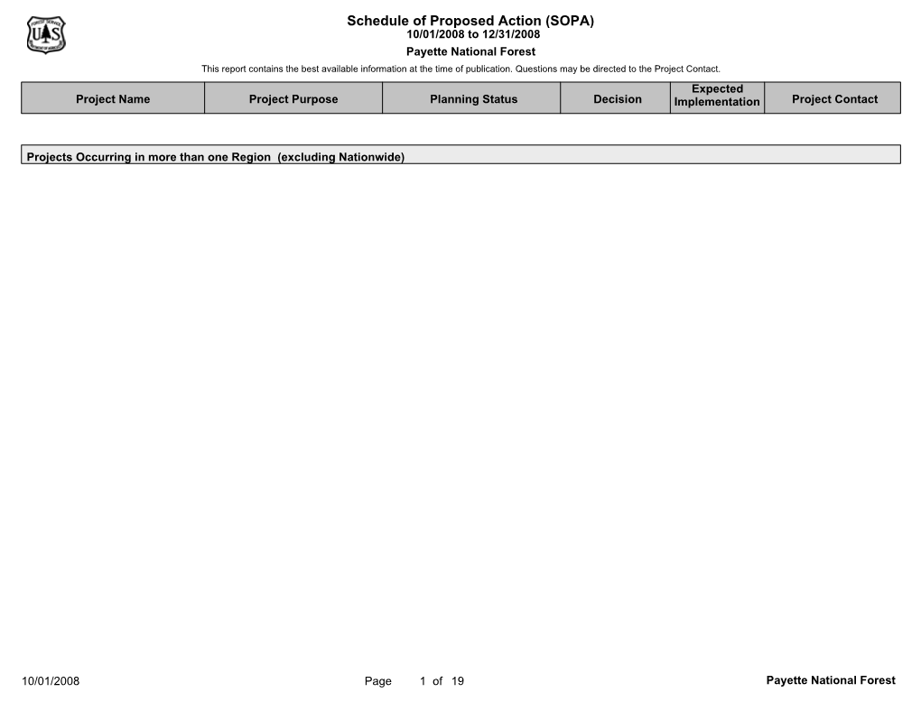 Schedule of Proposed Action (SOPA) 10/01/2008 to 12/31/2008 Payette National Forest This Report Contains the Best Available Information at the Time of Publication