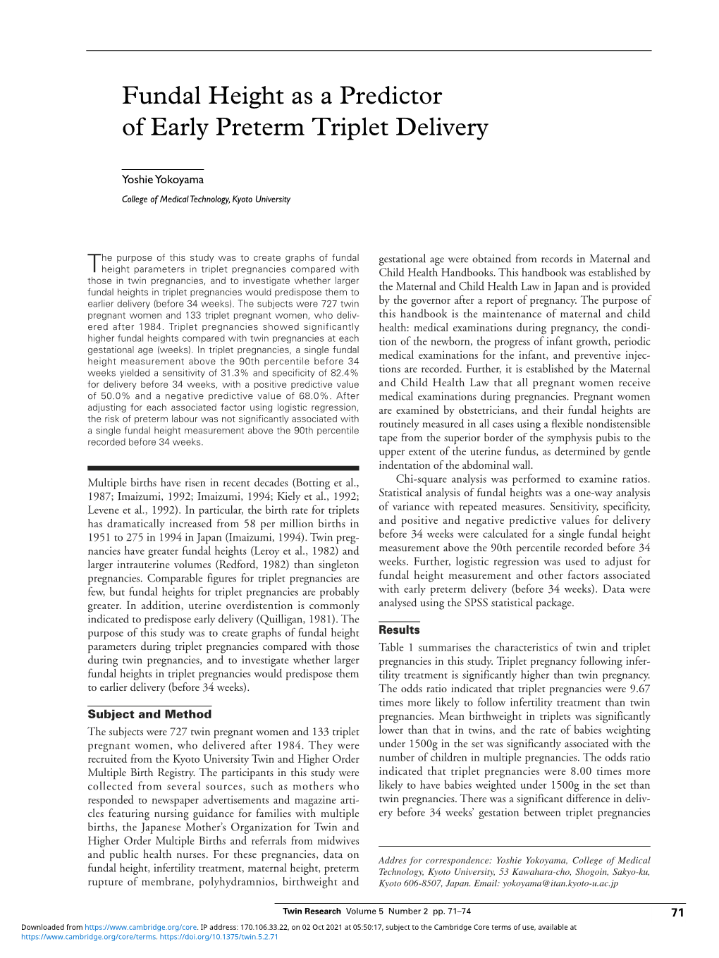 Fundal Height As a Predictor of Early Preterm Triplet Delivery