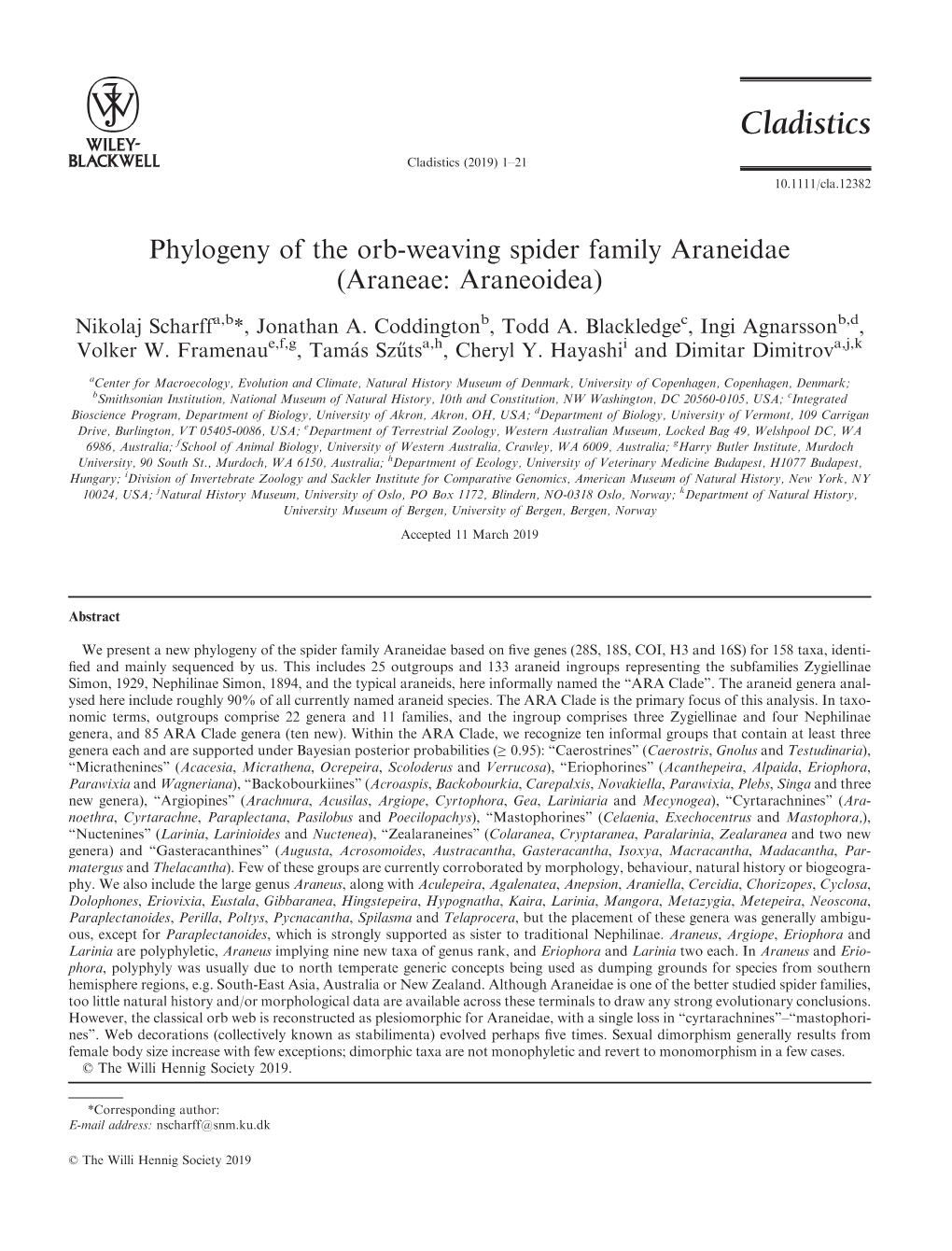 Phylogeny of the Orb‐Weaving Spider