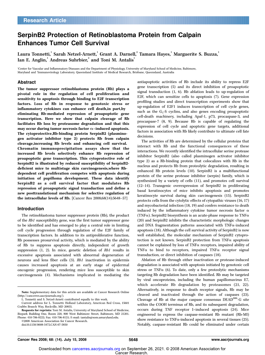 Serpinb2 Protection of Retinoblastoma Protein from Calpain Enhances Tumor Cell Survival