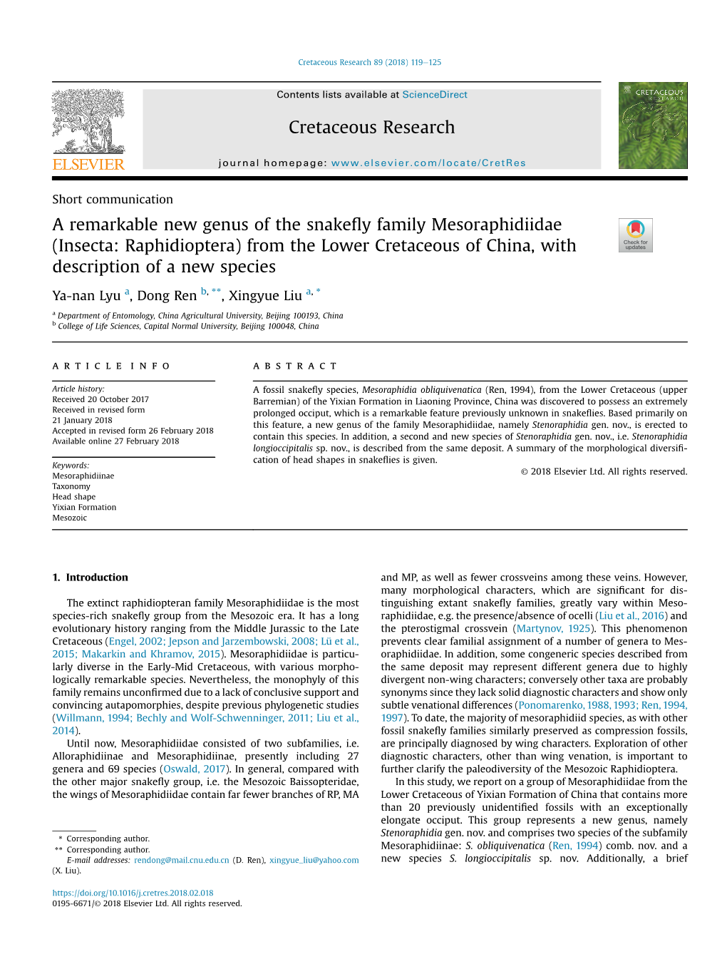 A Remarkable New Genus of the Snakefly Family Mesoraphidiidae