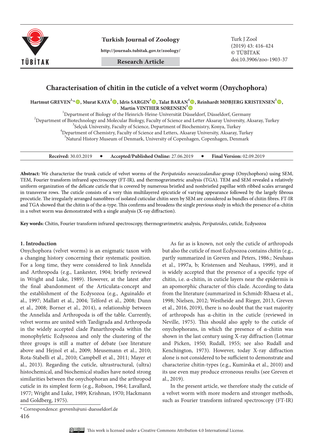 Characterisation of Chitin in the Cuticle of a Velvet Worm (Onychophora)