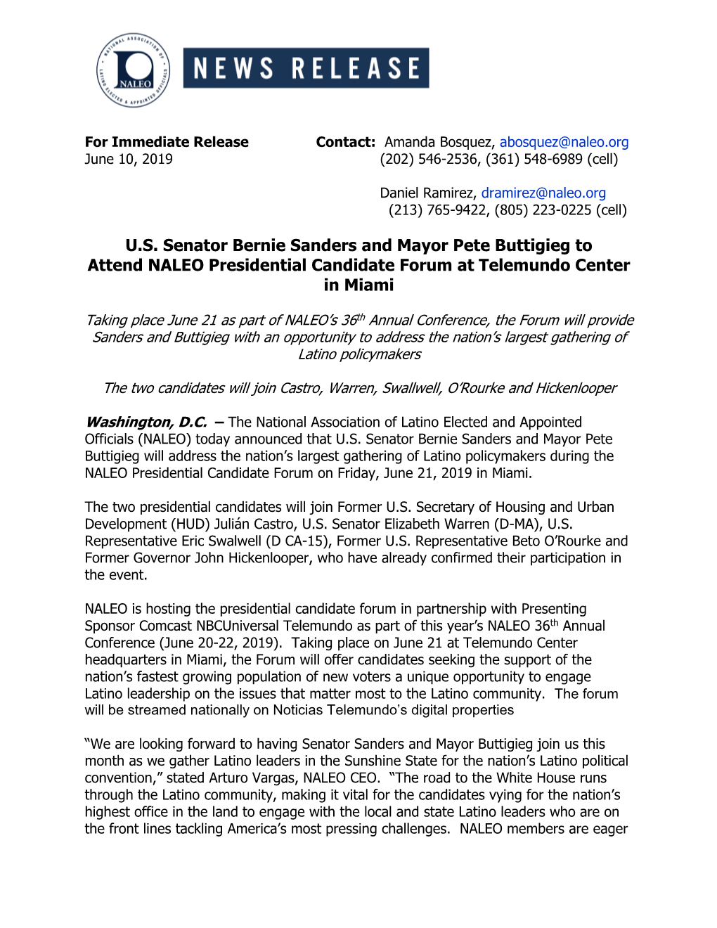 U.S. Senator Bernie Sanders and Mayor Pete Buttigieg to Attend NALEO Presidential Candidate Forum at Telemundo Center in Miami