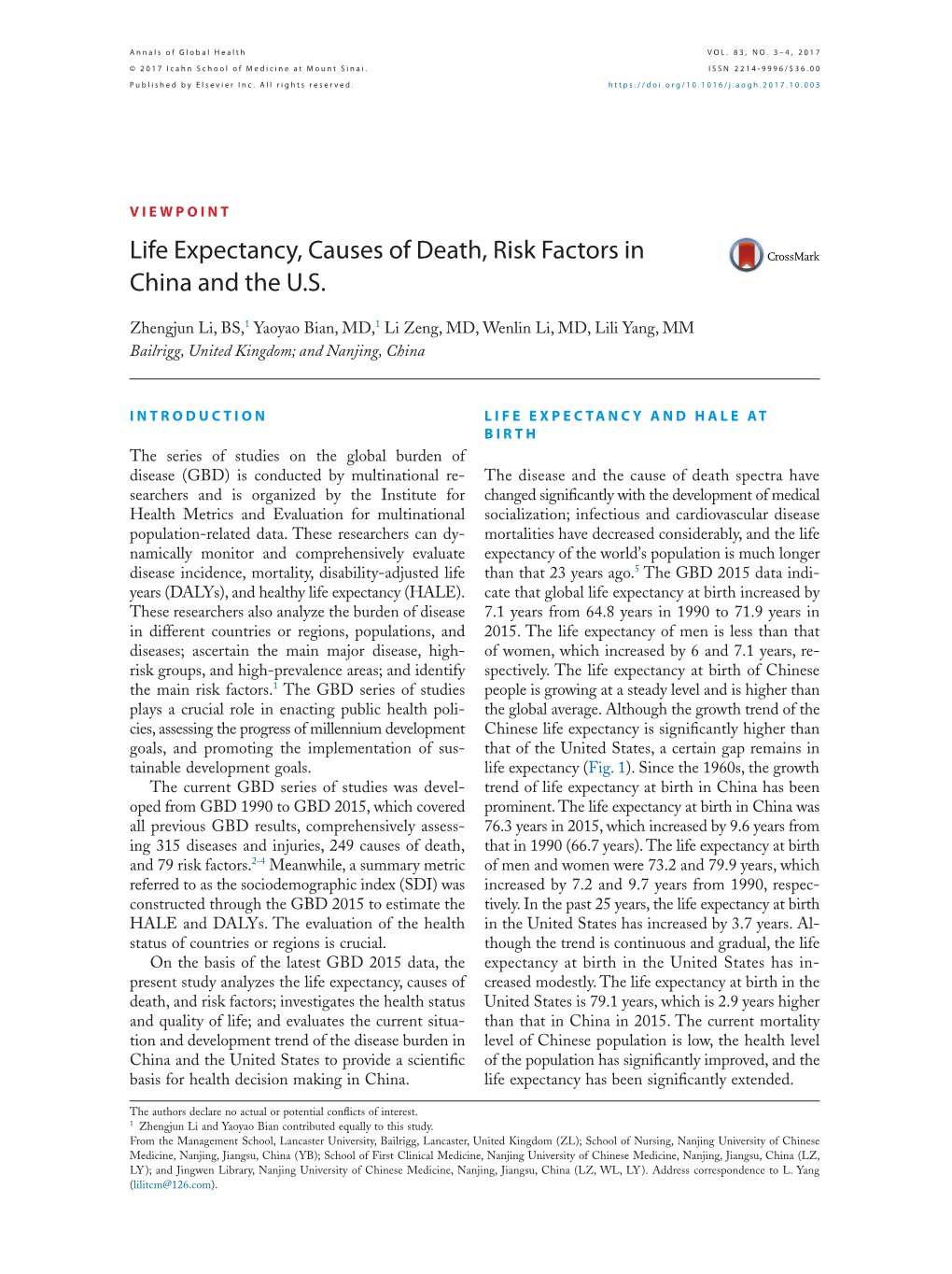 Life Expectancy, Causes of Death, Risk Factors in China and the U.S