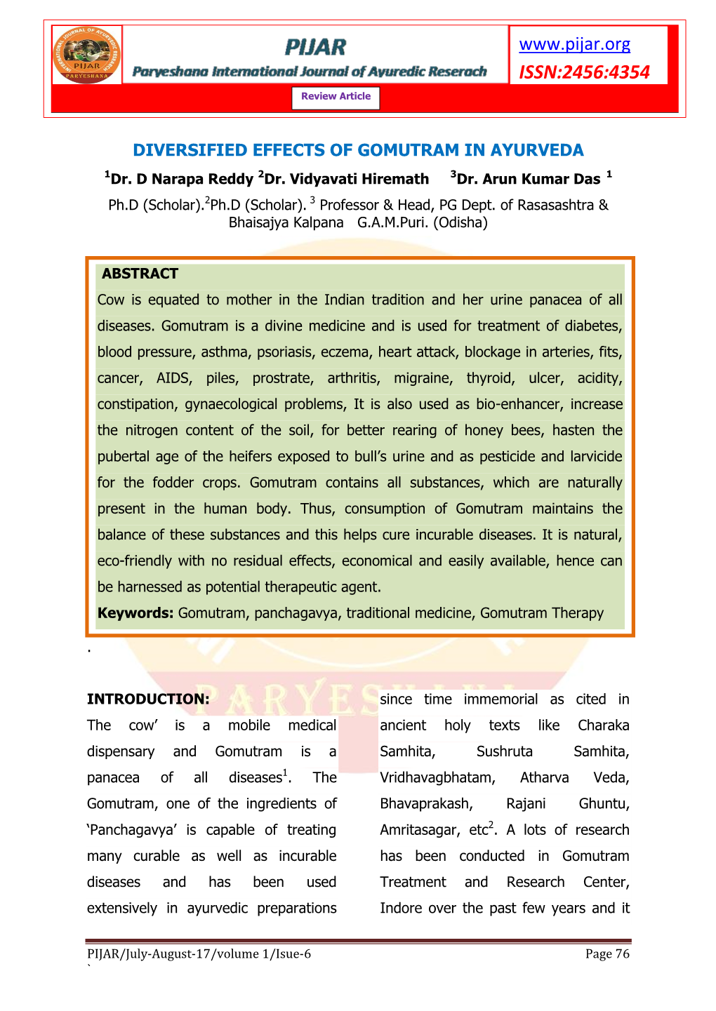 DIVERSIFIED EFFECTS of GOMUTRAM in AYURVEDA 1Dr