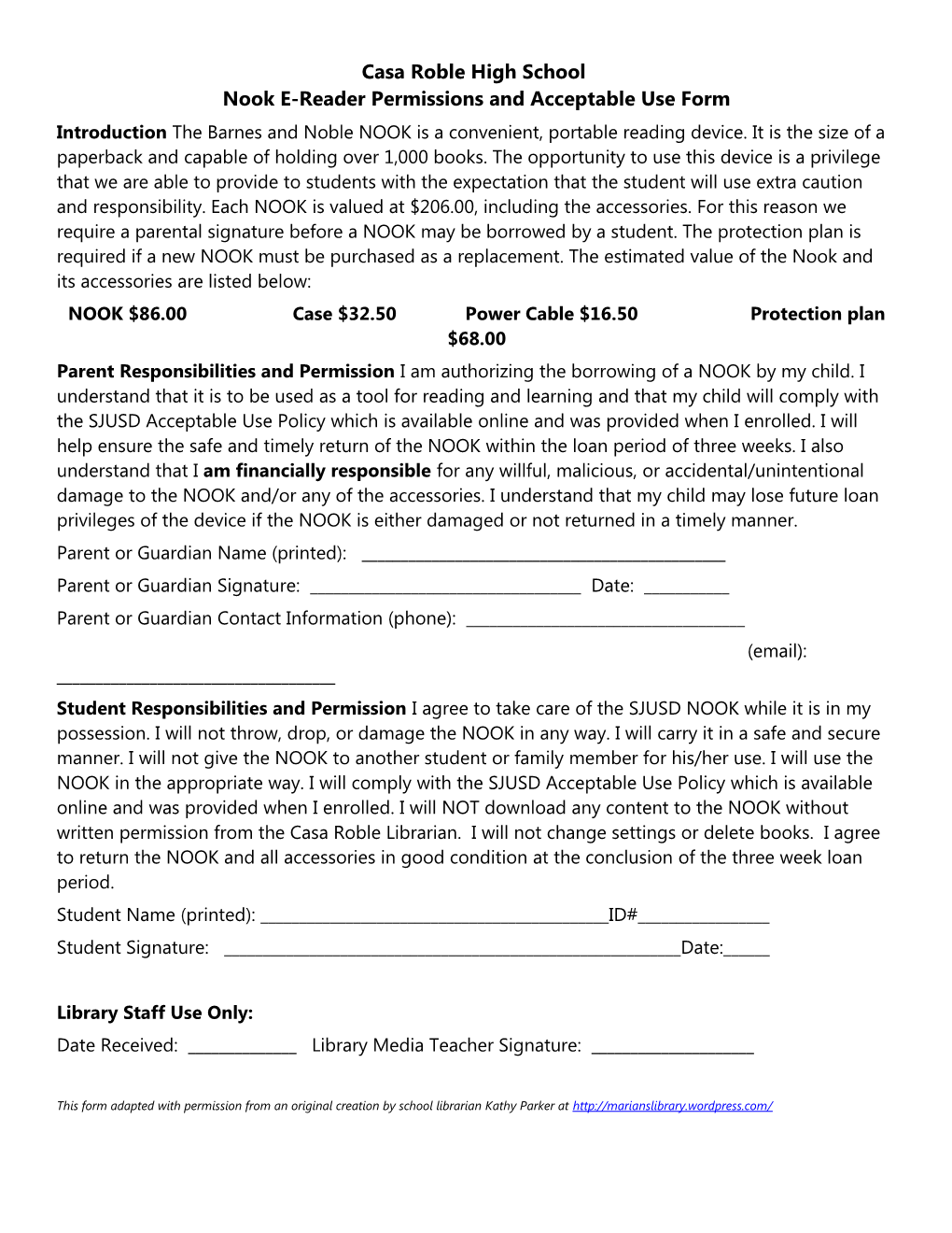 Nook E-Reader Permissions and Acceptable Use Form