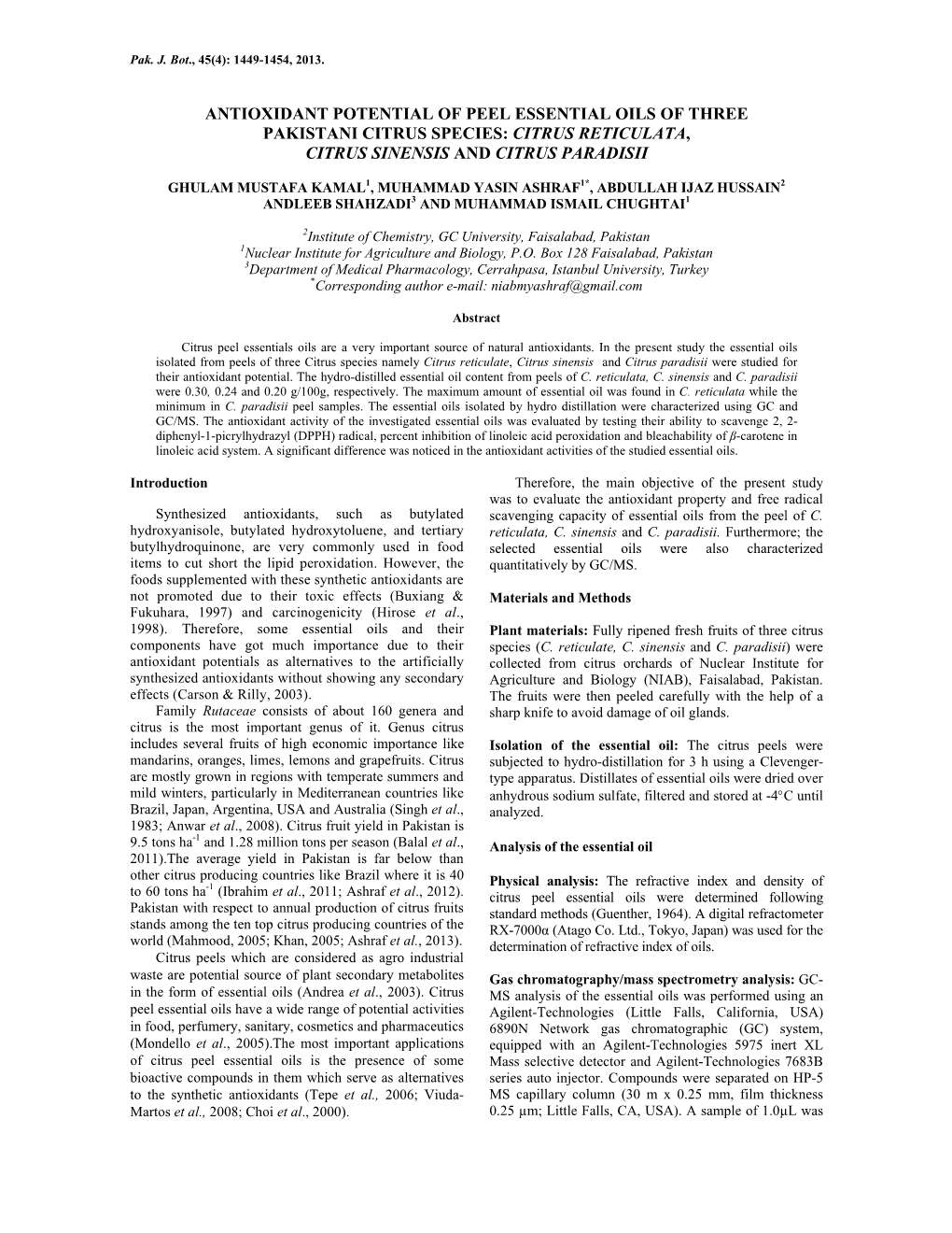 Antioxidant Potential of Peel Essential Oils of Three Pakistani Citrus Species: Citrus Reticulata, Citrus Sinensis and Citrus Paradisii