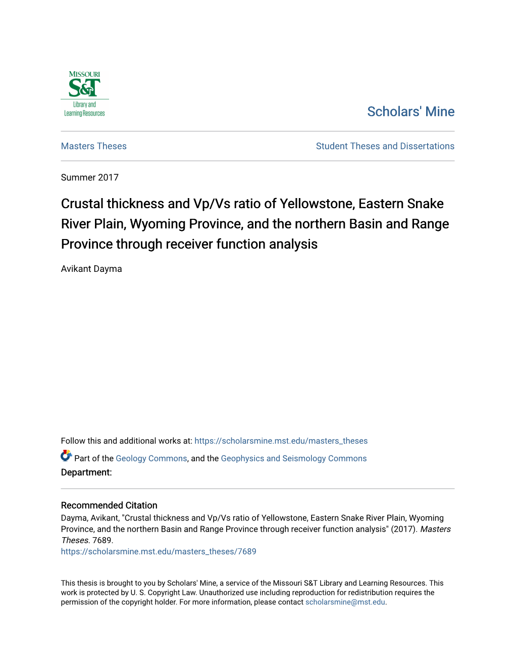 Crustal Thickness and Vp/Vs Ratio of Yellowstone, Eastern Snake River