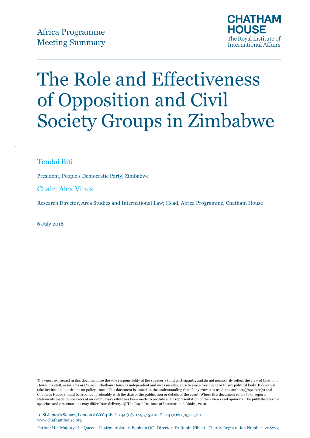 The Role and Effectiveness of Opposition and Civil Society Groups in Zimbabwe