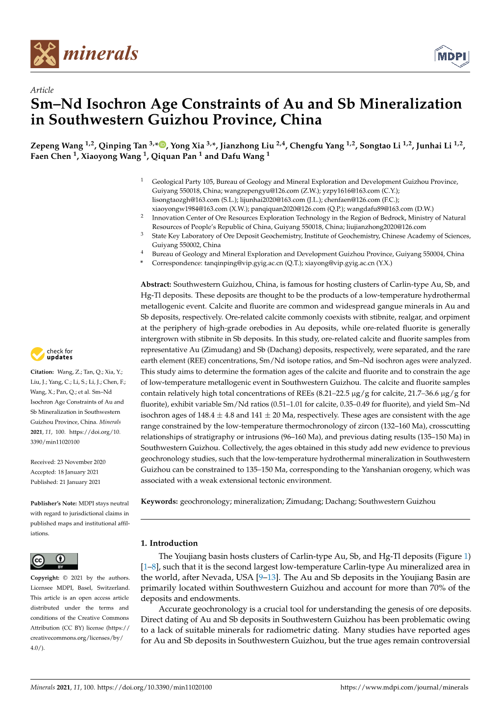 Sm–Nd Isochron Age Constraints of Au and Sb Mineralization in Southwestern Guizhou Province, China