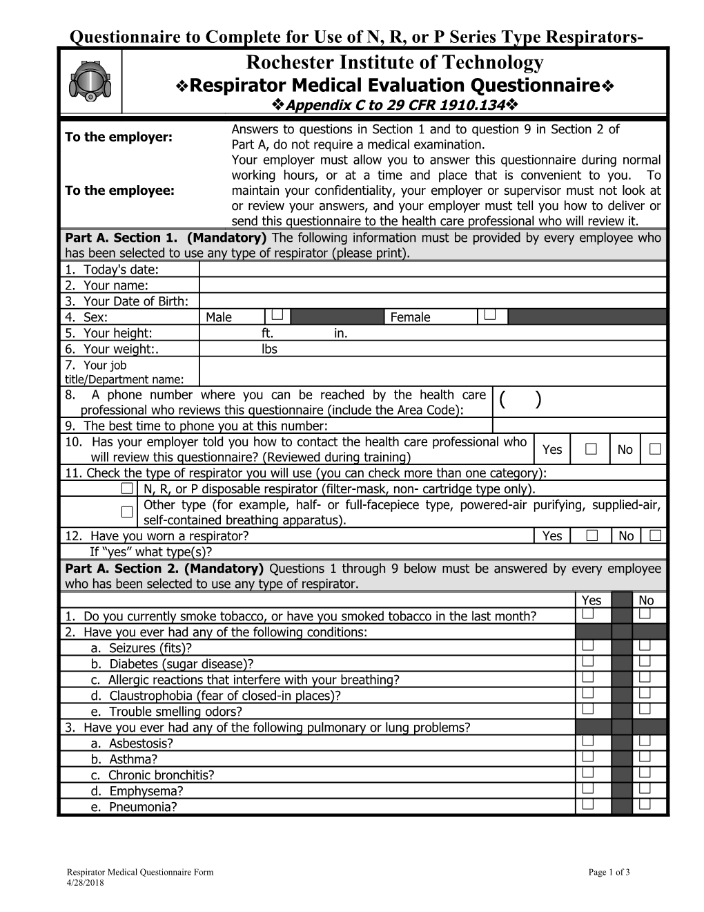 Respirator Medical Questionnaire s1