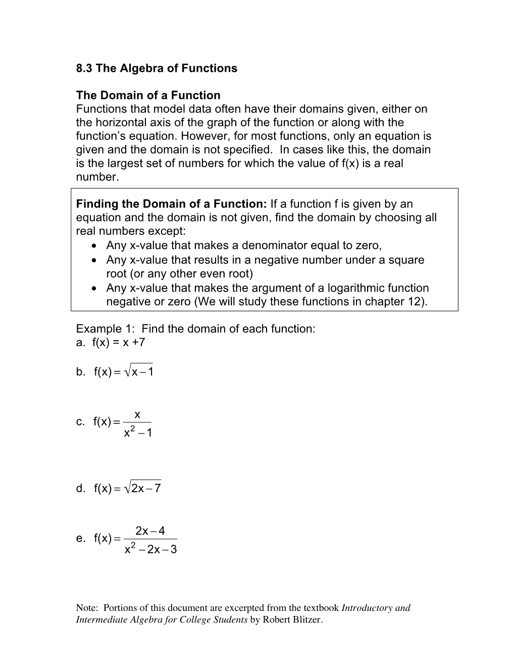 8.3 the Algebra of Functions the Domain of a Function Functions That