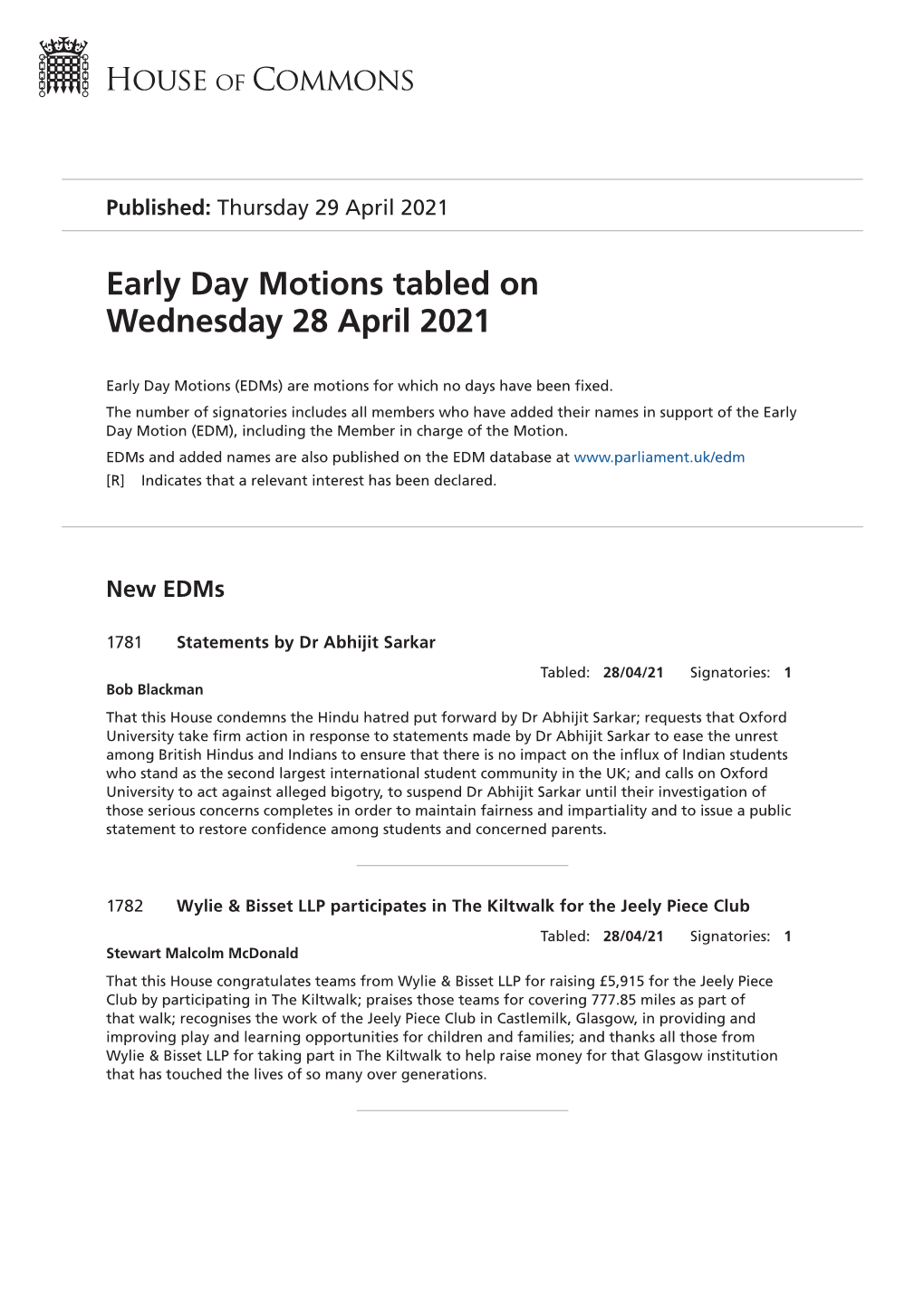 View Early Day Motions PDF File 0.12 MB